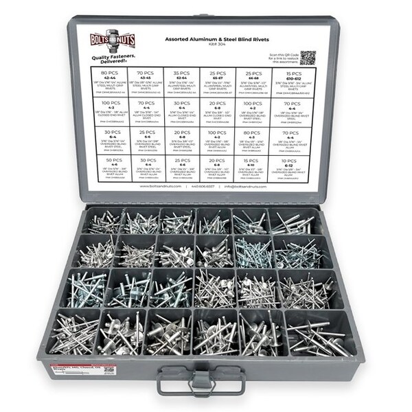 Boltsandnuts.Com Aluminum and Steel Multi-Grip, Closed-End, & Oversized Head Rivets Assortment - 1116PCS Assortment Kit #304 - main